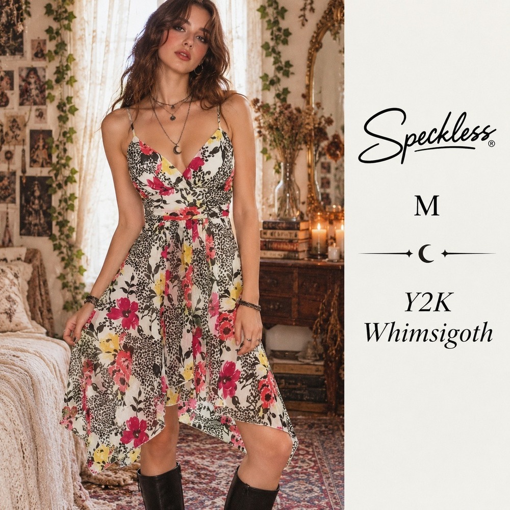 VTG Speechless Womans Dress Sz M Leopard Floral Whimsigoth Y2K Grunge Fairycore